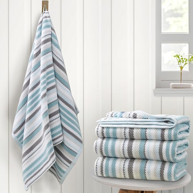 VOOVA & MOVAS Aqua Bath Towels 4 Pack, 100% Cotton, 28x52 in, Striped | Ideal for Shower and Daily Bathing, Lightweight, Super Soft, Highly Absorbent, Quick Dry, Bath Towels with Hanging Loops