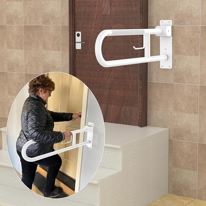Toilet Grab Bar 32 Inch, YuanDe White Anti-Slip Support Rail | U Shaped Flip-Up Grab Bar with Paper Holder, Stainless Steel Knurled Handicap Safety Handrails for Disabled Elderly Pregnant