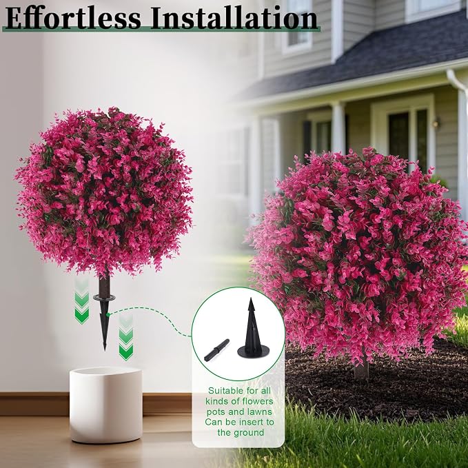 2Pcs Artificial Pink Eucalyptus Topiary Ball Trees,Fake Bushes | Fake Evergreen Plants with Ground Spike,UV Resistant, No Maintenance,Faux boxwood for Outdoor Indoor Front Porch Garden Decor