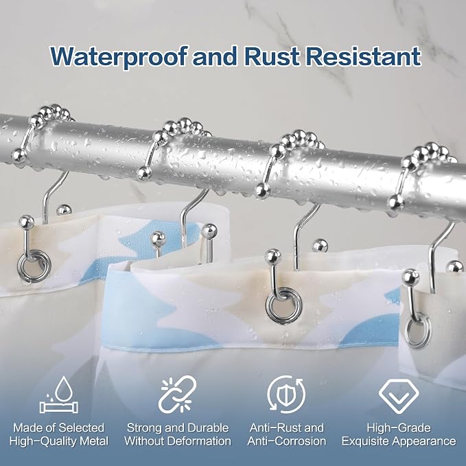 DAWNER Shower Curtain Hooks, Rust Proof Metal Easy Glide Double Rings, Stainless Steel Hangers for Bathroom Curtains, Set of 12, Polished Chrome