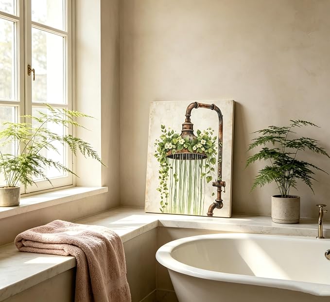XcwDt is Vintage Rust Spray Head Canvas Wall Art,Shower Head Green Painting Print,Farmhouse Bathroom Botanical Nature Wall Decor,for Toilet Living Room Farmhouse Laundry Room 16 x 24 In