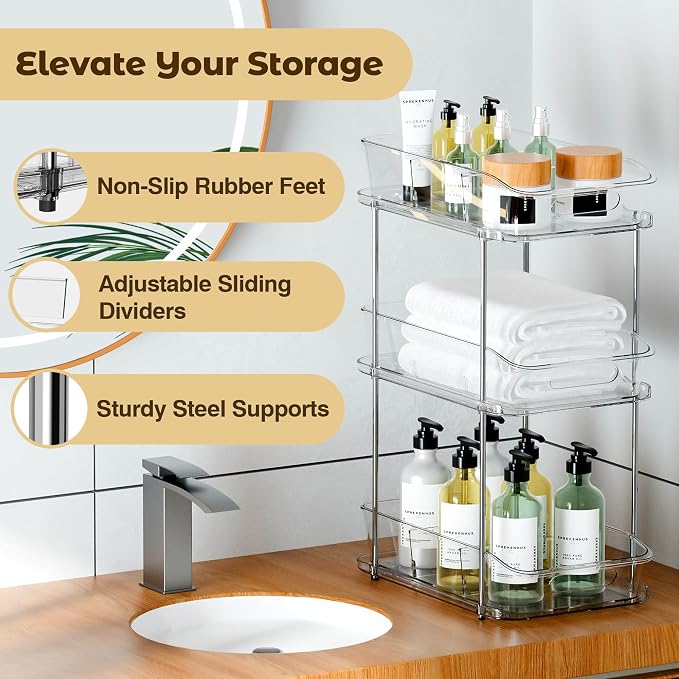 incostar 3 Tier Under Sink Organizer and Storage - Multi-Purpose Stackable Pantry Organizer with Pull-Out Clear Bins and Movable Dividers for Kitchen and Bathroom Cabinet