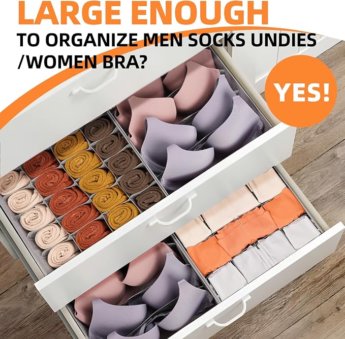 6 Pack Large Drawer Organizer for Sock Underwear - Washable Heavy Duty Fabric Closet Organizers and Storage Bins - 90 Cells Dresser Organizer Divider for Baby Clothes, Ties, Belt (Grey)