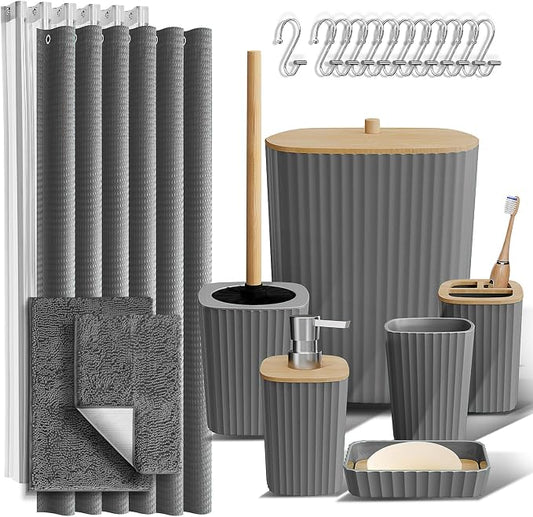 Clara Clark Bathroom Set, Bathroom Sets with Shower Curtain and Rugs | 22 Piece Grey Bathroom Accessories Set with Toothbrush Holder, Soap Dispenser, Soap Dish, Toilet Brush, and Trash Can