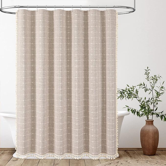 60x72 Boho Farmhouse Linen Heavy Duty Shower Curtain Set, Tan/Taupe | Narrow Size, 330GSM Linen Blend, 3-side Tassels, Water Repellent Fabric, 10 Plastic Hooks, Rustic Bohemian, Machine Washable