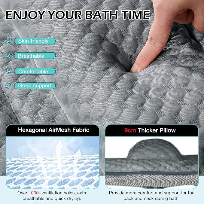 Full Body Bath Pillow for Bathtub, Thick Soft Tub Cushion with Non-Slip Suction Cups Dual Hooks, Luxury Spa Pillow for Neck Back and Hip Support, 53" x 17"