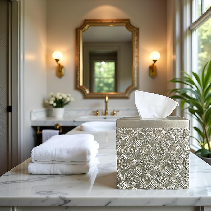 Hymmah Modern Square Tissue Box Cover Holder,Bathroom Accessories Decor Unique Design Tissue Box Cover for Bathroom Vanity Counter Tops Also Great for Bedrooms and Living Rooms (Gold)