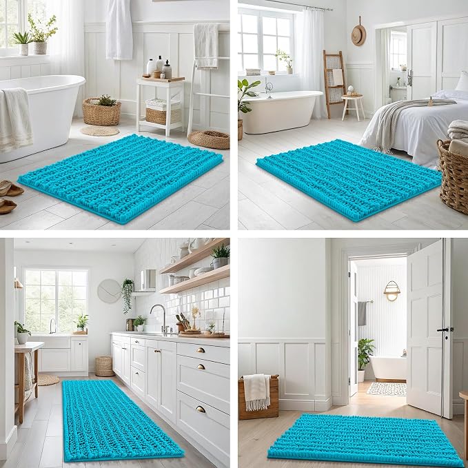 Smiry Bathroom Rugs 24X16, Extra Soft Rubber Backing Chenille Bath Mats | Aqua Sky Machine Washable Non Slip Quick Dry Bath Mats for Bathroom Floor, Tub, Shower, Home Decor Accessories