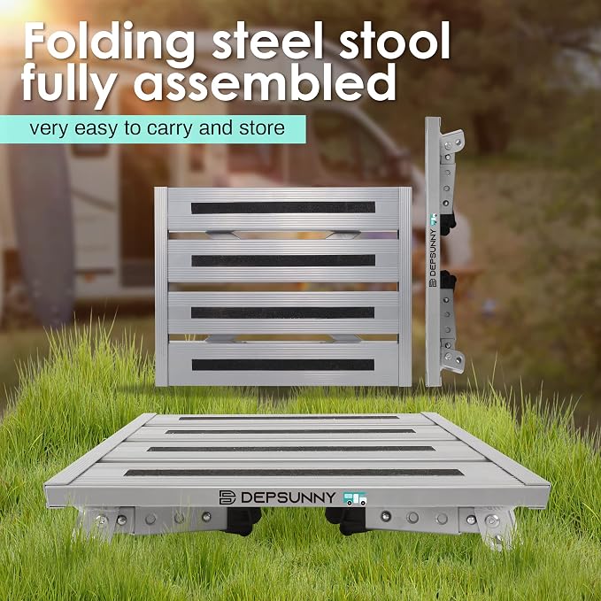 Adjustable RV Step Stool, Wide Platform, Foldable Legs, Silver | 3 Height Settings, 1,000-lb Capacity, Aluminum Frame, Non-Slip Rubber Feet, Portable Step for Camper Stairs and Trailers