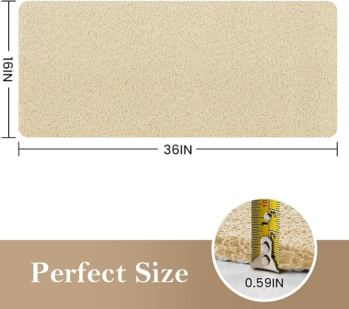 Shower Mat Bathtub Mat Non-Slip,36x16 inch, Soft Tub Mat with Drain,PVC Loofah Bath Mat (Phthalate Free) for Tub and Bathroom,Quick Drying,Khaki