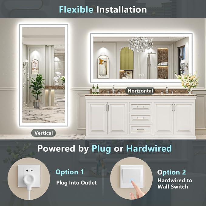 84x32 Inch Brushed Nickel LED Bathroom Mirror, Backlit & Front Lit | Silver Framed Anti-Fog Lighted Vanity Mirror with Lights, 3 Color Dimmable, Memory, HD Tempered Glass, CRI95, IP54, UL Listed
