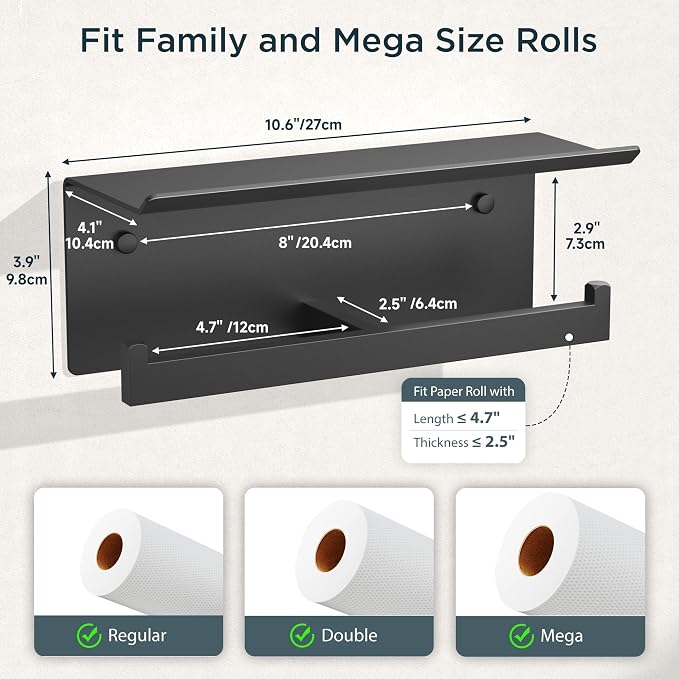 FORIOUS Toilet Paper Holder with Shelf, Commercial Toilet Paper Dispenser | Matte Black | SUS304 Stainless Steel Wall Mount Double Bathroom Tissue Roll Holder for Hotel, Apartments, etc