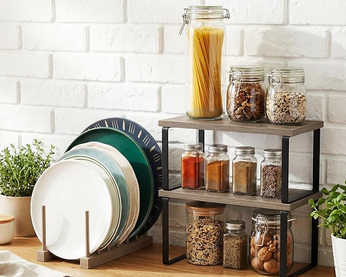 Marsui 4 Pcs Kitchen Organizer Accessories Set for Cabinet,Gray | Cabinet Organizer Shelves, Bamboo Dish Drying Plate Rack, Wooden Counter Storage Holder, for Spice Dish Pot Lid Bowl Cup