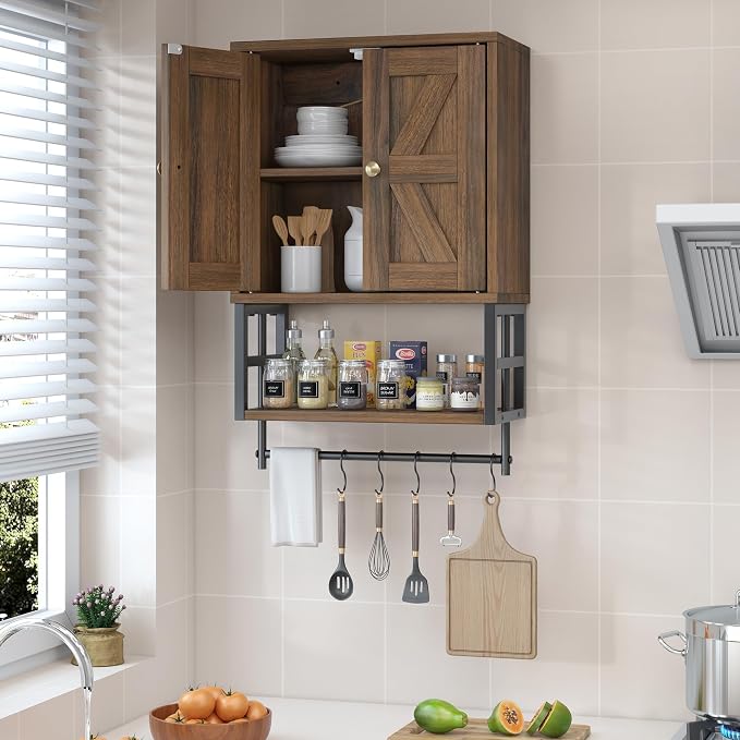 Bathroom Wall Cabinet, Farmhouse Medicine Storage with Towel Bar, Walnut | 2 Doors & Adjustable Shelves 5 Hooks, 3-Tier for Over-Toilet, Laundry, Living, Bedroom, Kitchen, Space Saving