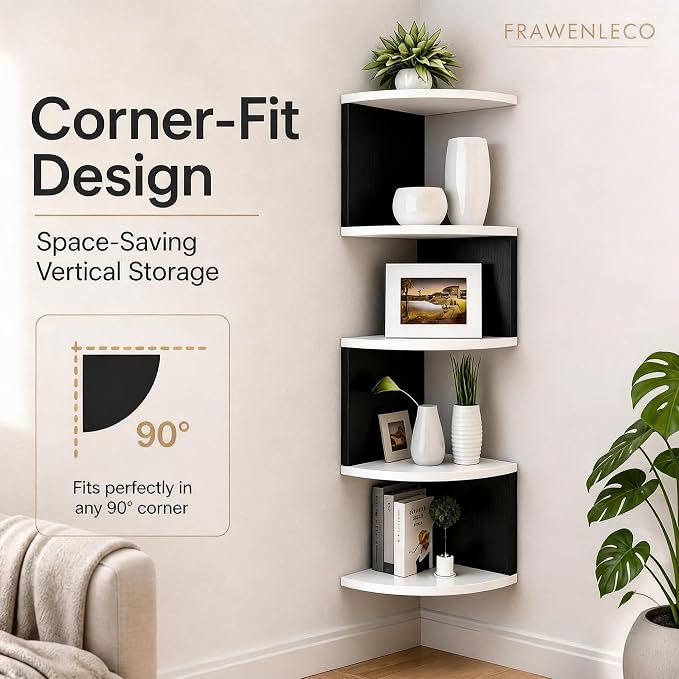 No-Drill Corner Shelf Wall Mount, 5-Tier Floating Corner Bookshelf with Hooks, Space-Saving Zigzag Plant Shelf for Bedroom, Living Room, Bathroom, Home Office(White & Black)