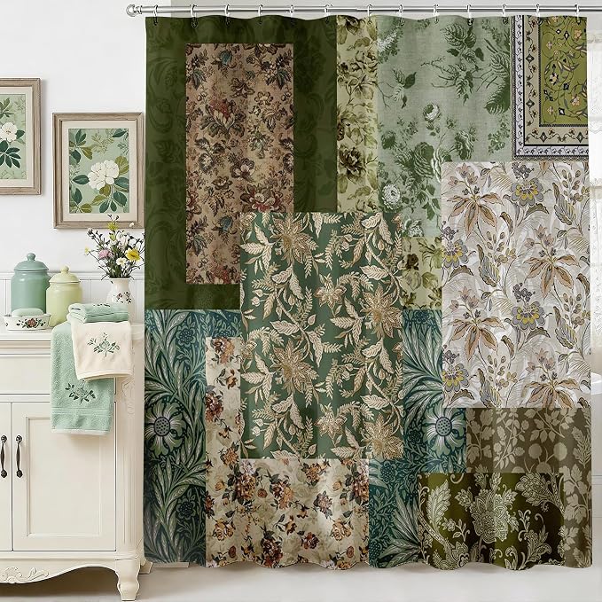 Mocsicka Vintage Boho Shower Curtain Green Retro Floral Shower Curtain for Boho Floral Bathroom Decor Waterproof Fabric Mid-Century Farmhouse Flowers Patchwork Bath Curtain, 72 X 72 Inch