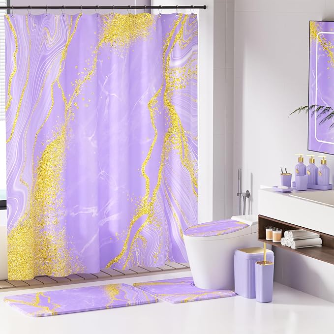 21PCS Bathroom Sets with Shower Curtain and Rugs Bathroom Accessories Set Light Purple Bathroom Set Complete with Trash Can, Toilet Brush, Qtip Holder & 3PCS Soap Dispenser