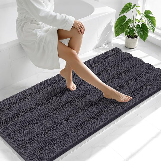 Smiry Thick Chenille Bathroom Runner Rugs 59x24, Soft Bath Mat, Dark Grey | Quick‑Dry & Machine Washable, Non‑Slip Bath Carpet, Striped Bath Rugs for Tub & Shower, Modern Home Decor Accessories