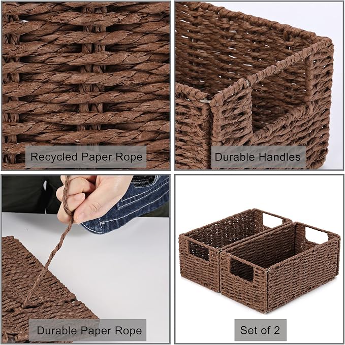 Wicker Storage Basket, Set of 2 Hand-Woven Paper Rope Wicker Basket, Small Storage Baskets for Organizing Toilet Paper, Foldable Large Cube Storage Organizer Bins for Shelves (Brown)