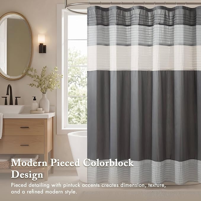 Madison Park Amherst 72 x 72 Bathroom Shower Curtain, Faux Silk, Grey | Modern Classic, Light Sheen, Pieced, Striped, Microfiber, Machine Washable, OEKO-TEX Certified, Amherst