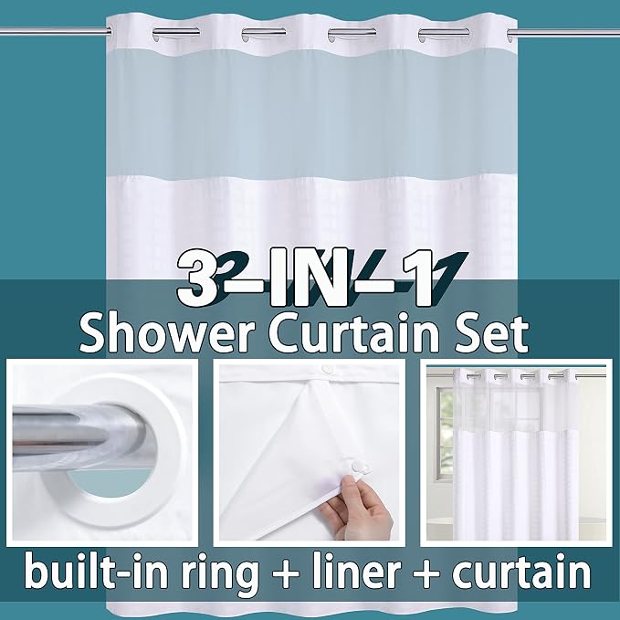 Conbo Mio Extra Long No Hook Shower Curtain with Snap in Liner Set, Hotel Luxury White Shower Curtains for Bathroom with See Through Top Window, Waterproof, Washable 71W x 84H