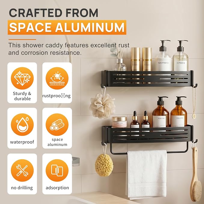 Black Adhesive Square Shower Caddy with Towel Bar, Soap Holder and Hooks | Adhesive black shower basket with towel bar, soap holder and hooks for smooth tile, glass, stainless steel and bathroom walls