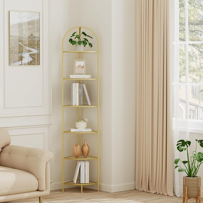 Homhedy 6-Tier Gold Corner Shelf Stand, Metal Corner Bookshelf | Display Shelf, Tempered Glass Shelves, Plant Stand, Storage Rack Shelf for Bedroom, Living Room, Home, Office, Gold
