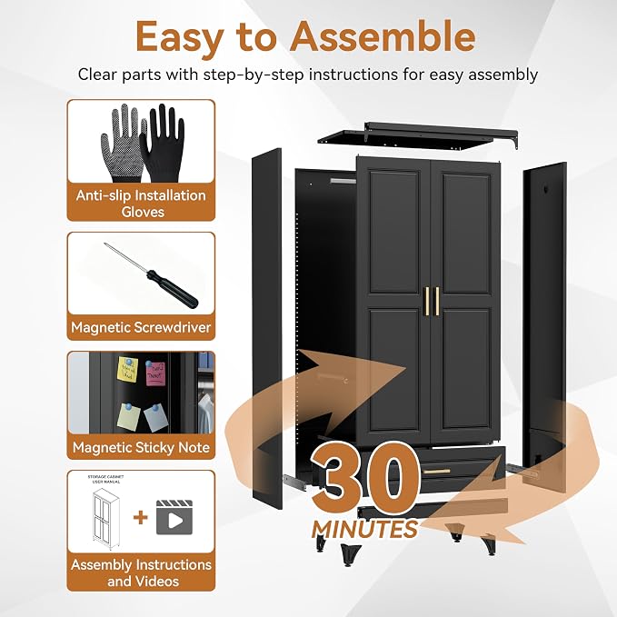Polup 71" Black Metal Armoire Wardrobe Closet with Doors and 1 Drawer | Heavy Duty Steel Clothing Storage Cabinet, 180lbs Adjustable Shelves, Hanging Rod, for Office, Bedroom, Garage, Laundry
