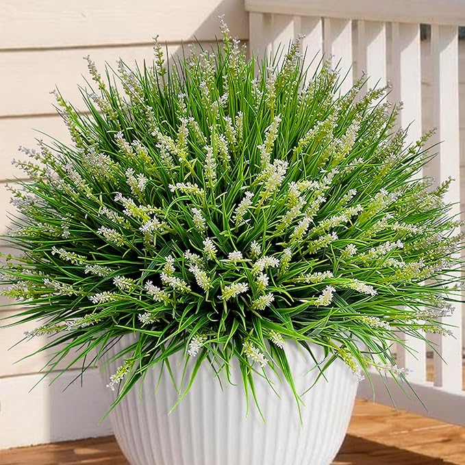 alyptus Outdoor Artificial Flowers 12 Bundles Plastic Plants Faux White Flower Fake Monkey Grass for Planters Décor Outside (White)