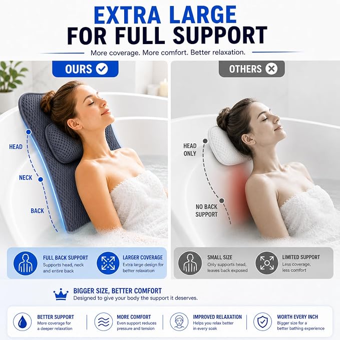 Bath Tub Pillow, Extra Thick Luxury Cushion with Strong Suction Cups for Head, Neck & Back Support, Breathable Spa Pillow for Relaxing Night Bath (Black)