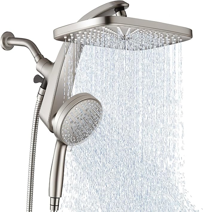12" High Pressue Rain Shower Head with Handheld, 9 Sprays Hand Showerhead | Shower Heads with Handheld Spray Combo, Dual Head, Built-in Magnetic Docking, Power Jets, 59" Shower Hose, Nickel 1.75GPM