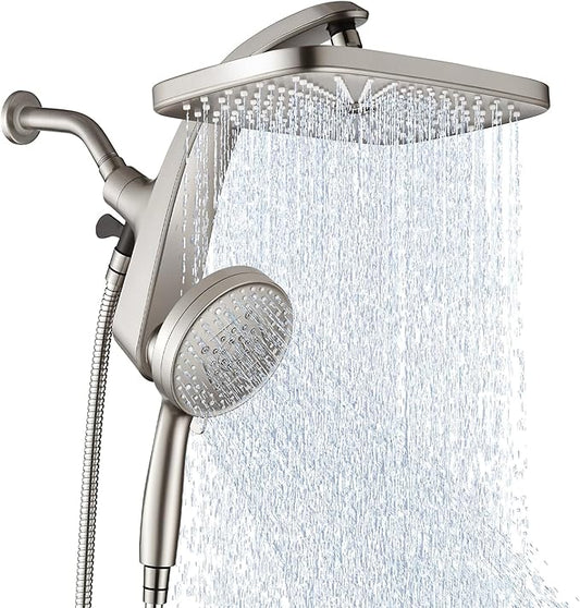 12" High Pressue Rain Shower Head with Handheld, 9 Sprays Hand Showerhead | Shower Heads with Handheld Spray Combo, Dual Head, Built-in Magnetic Docking, Power Jets, 59" Shower Hose, Nickel 1.75GPM