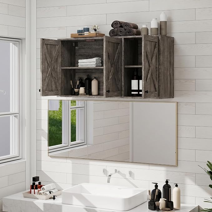YOURLITE Laundry Cabinet, Medicine Cabinet, Bathroom Kitchen Storage Wall Mounted Farmhouse Organizer with Shelves Over Toilet, 36" Wide, Grey