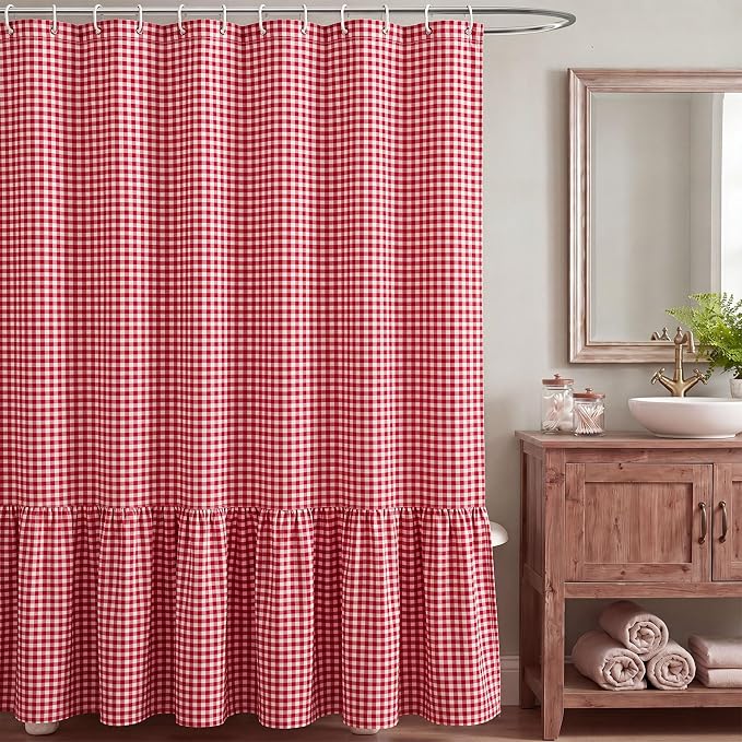 HunnmingRe Ruffle Hem Gingham Shower Curtain, Red Farmhouse | Waterproof Fabric for Bathroom, Machine Washable, Standard Size Fits Most Tubs, Farmhouse Cottage Style Decor