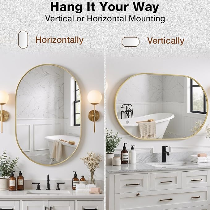 24"x32" Brushed Gold Oval Bathroom Mirror for Over Sink, Wall Mount | Tempered Glass, Clear Reflection, Rust-Resistant Aluminum Frame, Vertical or Horizontal Wall Mount, Bedroom and Entryway