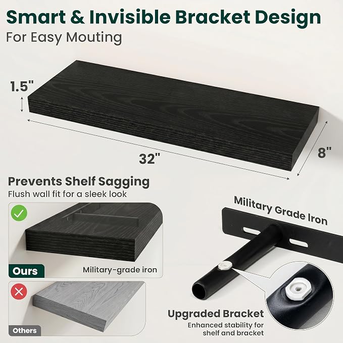 Floating Shelves for Wall, 32 Inch x 8 Inch Deep Wall Mounted Wood Shelf with Invisible Brackets for Storage & Display, Living Room Bedroom Kitchen, Black, Set of 2