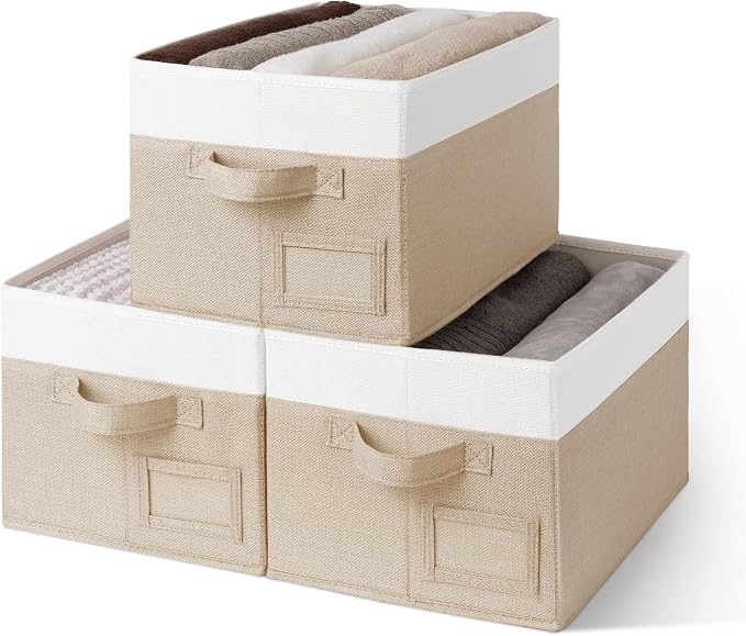 GRANNY SAYS Closet Storage Bins with Label, Khaki&Ivory, Medium, 3-Pack | Closet Storage Bins, Storage Baskets for Closet, Fabric Bins for Clothes, Closet Organizer Bins, Clothes Storage Organizer