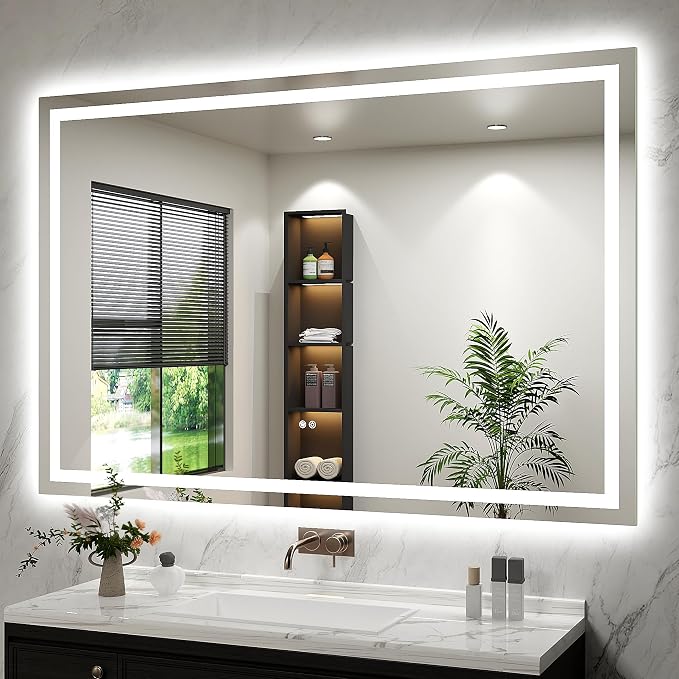 LED Bathroom Mirror 60"x40" Inch Lighted Bathroom Vanity Mirror with Lights, Large, Brighter Frontlit and Backlit Light up Anti Fog Mirror, Tempered Glass, 3-Color Dimmable, Memory Function