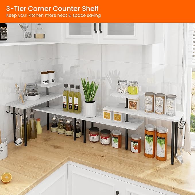 Bathroom Counter Corner Shelf, 3 Tier Kitchen Countertop Organizer for Over The Sink, Make Up, Dresser Table, White Marble