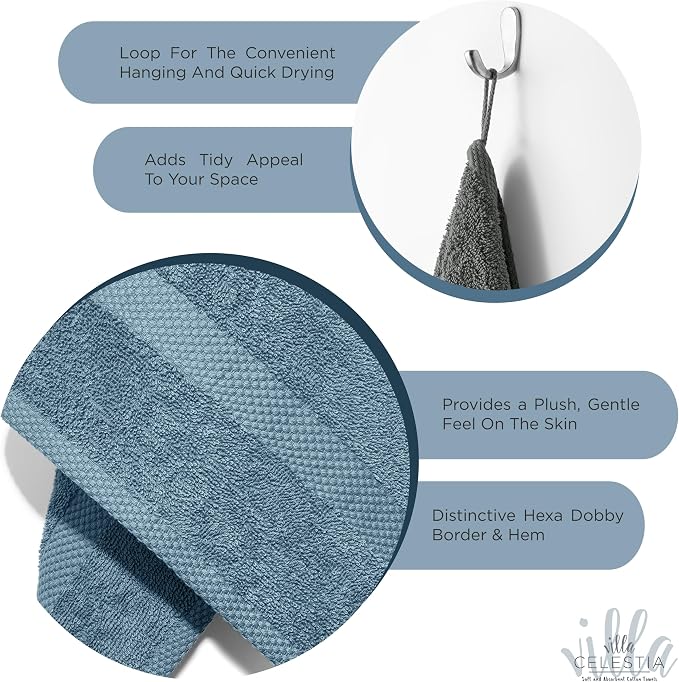Villa Celestia Cotton Hand Towels Set of 4, 16 x 28, Oeko-TEX Certified, Quick Dry, Blue