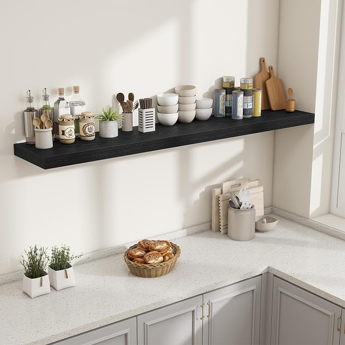 Fun Memories 72 Inch Fireplace Mantel Shelf, 12 Inch Deep Shelves for Display & Wall Storage, Rustic Wood Wall Shelf, Extra Long Floating Shelves for Living Room Laundry Room, Black, Set of 2