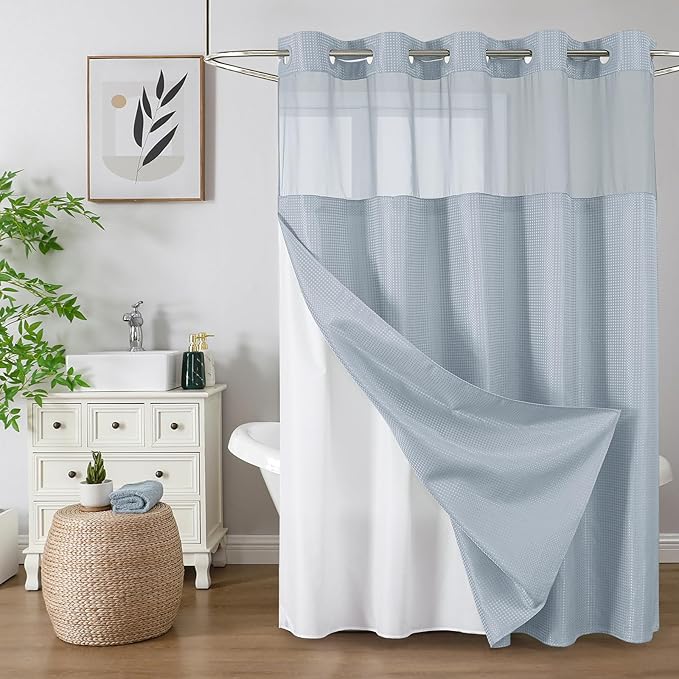 Colorful Star Waffle Weave No Hook Shower Curtain, 72 x 75 Inch, Fog Blue | Heavy Duty Thick Shower Curtain Sets with Snap in Fabric Liner and Mesh Top Window, Hotel Style Waterproof Bathroom Curtain