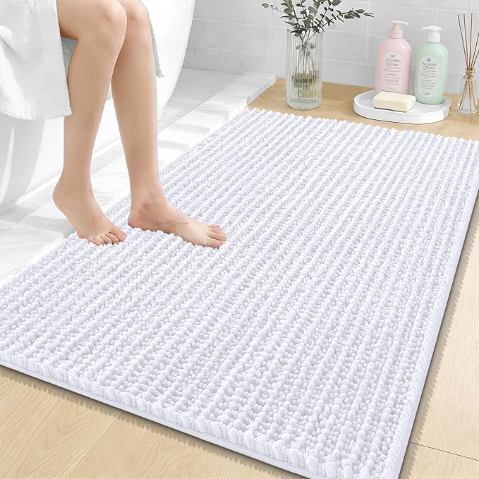 OLANLY Large Bathroom Rugs 40x32, Thick Soft Absorbent Chenille Bath Rugs | White, Quick-Drying Rubber Backing, Shaggy Bath Mat, Machine Washable for Floor, Tub and Shower, Home Decor Accessories
