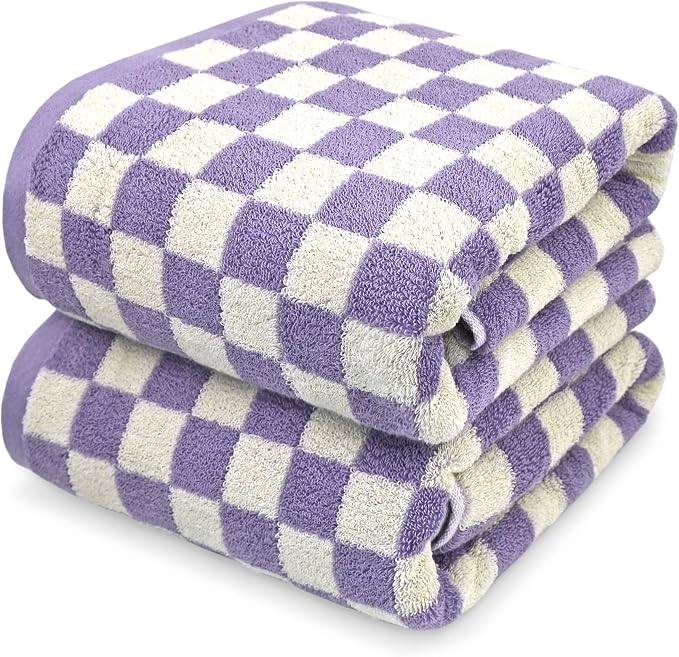 Shower Towels for Bathroom 27.5x55 Inches - Cute Checkered Towel Sets Lilac | Quick Dry Bath Towels Soft & Lightweight (2Pack), 520 GSM Absorbent Cotton