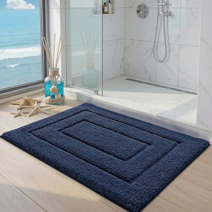 DEXI Bathroom Rugs 24x16, Non-Slip and Absorbent Bath Mat, Navy | Machine Washable, Soft Plush Microfiber Bathmat with Rubber Back, Quick Dry Small Rug for Shower, Tub, Sink