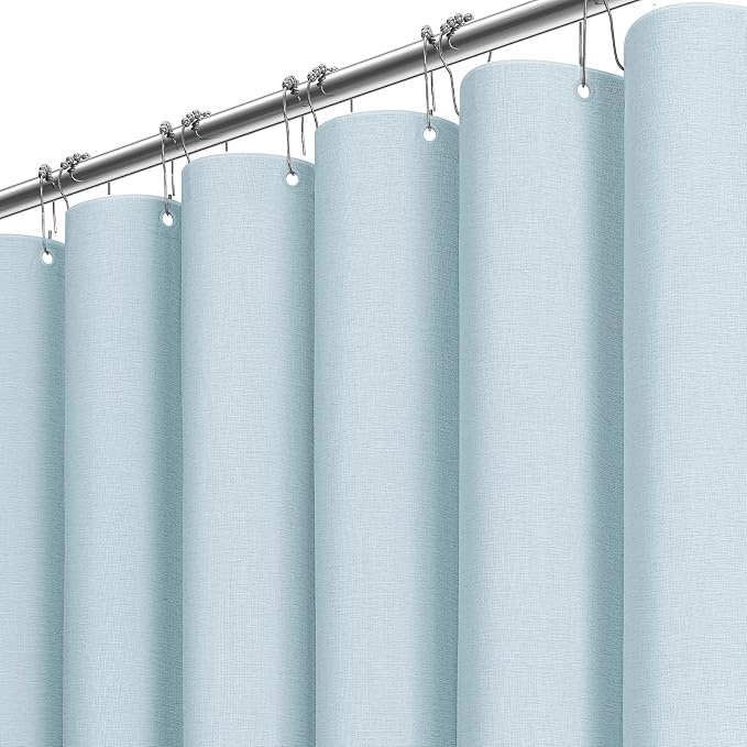 60x72 Linen Textured Waterproof Fabric Shower Curtain Set, Fog Blue | Narrow Size, 230GSM Polyester, Heavy Duty Cloth, Weighted Hem, 10 Plastic Hooks, Modern Luxury Hotel Style, Machine Washable
