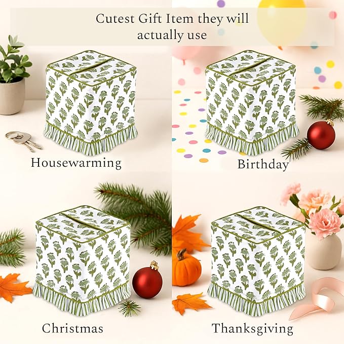 CPC Emerald Green Hand Block Print Cotton Ruffle Tissue Box Cover 4.5"x4.5"x5"Inch, Square Decorative Tissue Holder Cover for Bathroom, Living Room, Bedroom, Home Décor, Vanity, Car Gift for Summer