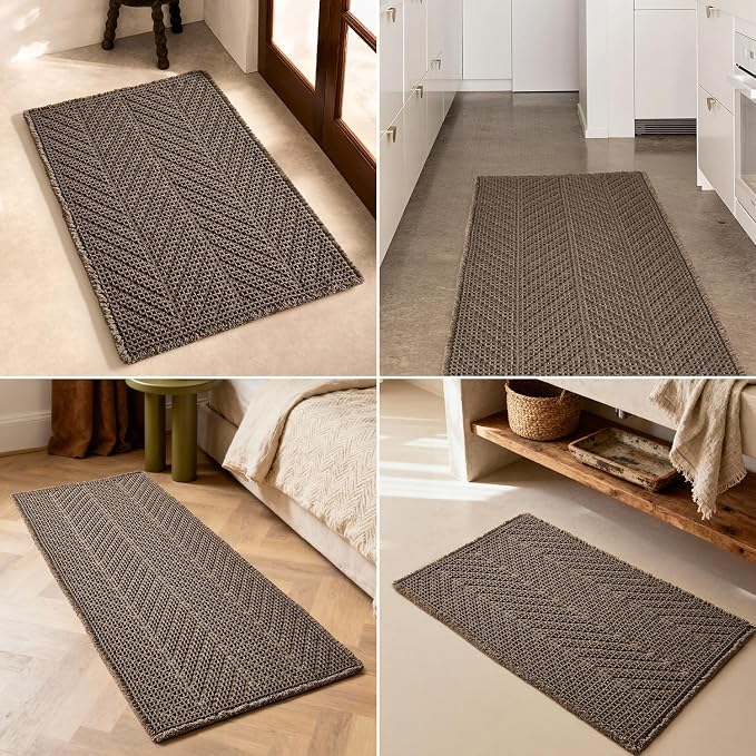 Sunfly Boho Herringbone Runner, Ultra Soft Non-Slip Waffle Bath Mat - Super Absorbent & Quick Dry Washable,Bathroom Runner Rug 24"x60" Taupe