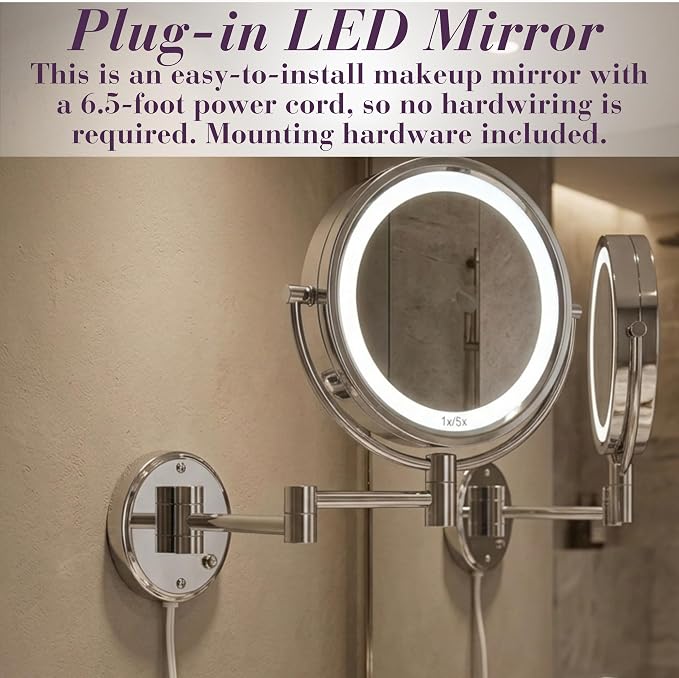 JERDON Lighted Wall-Mount Makeup Mirror - 8X - Chrome - HL88CL | 8.5" Round Frame, 13.5" Wall Arm, LED Lighting, Corded Plug-In Power