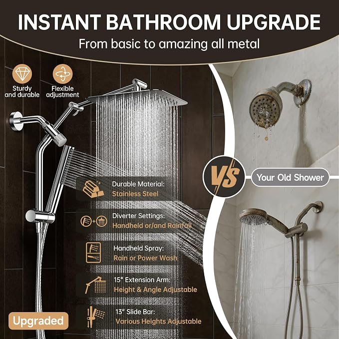 Veken All Metal 10"Luxurious Rain Shower Head with Handheld Spary,Power Jet | Square,Dual High Pressure Showerhead Combo,Double Detachable Shower Heads,Rainfall with Extension Arm,Long Hose,Chrome,Silver